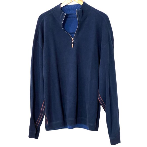 Tommy Bahama XL Quarter Zip Pullover Sweater Navy Blue Casual 100% Cotton - Picture 1 of 12